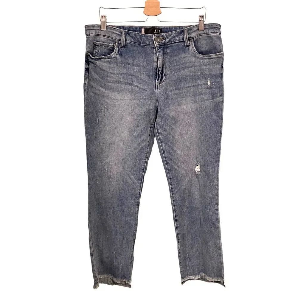 Kut From the Kloth Reese Ankle Straight Leg Distressed Jeans Raw Hem in Size 12